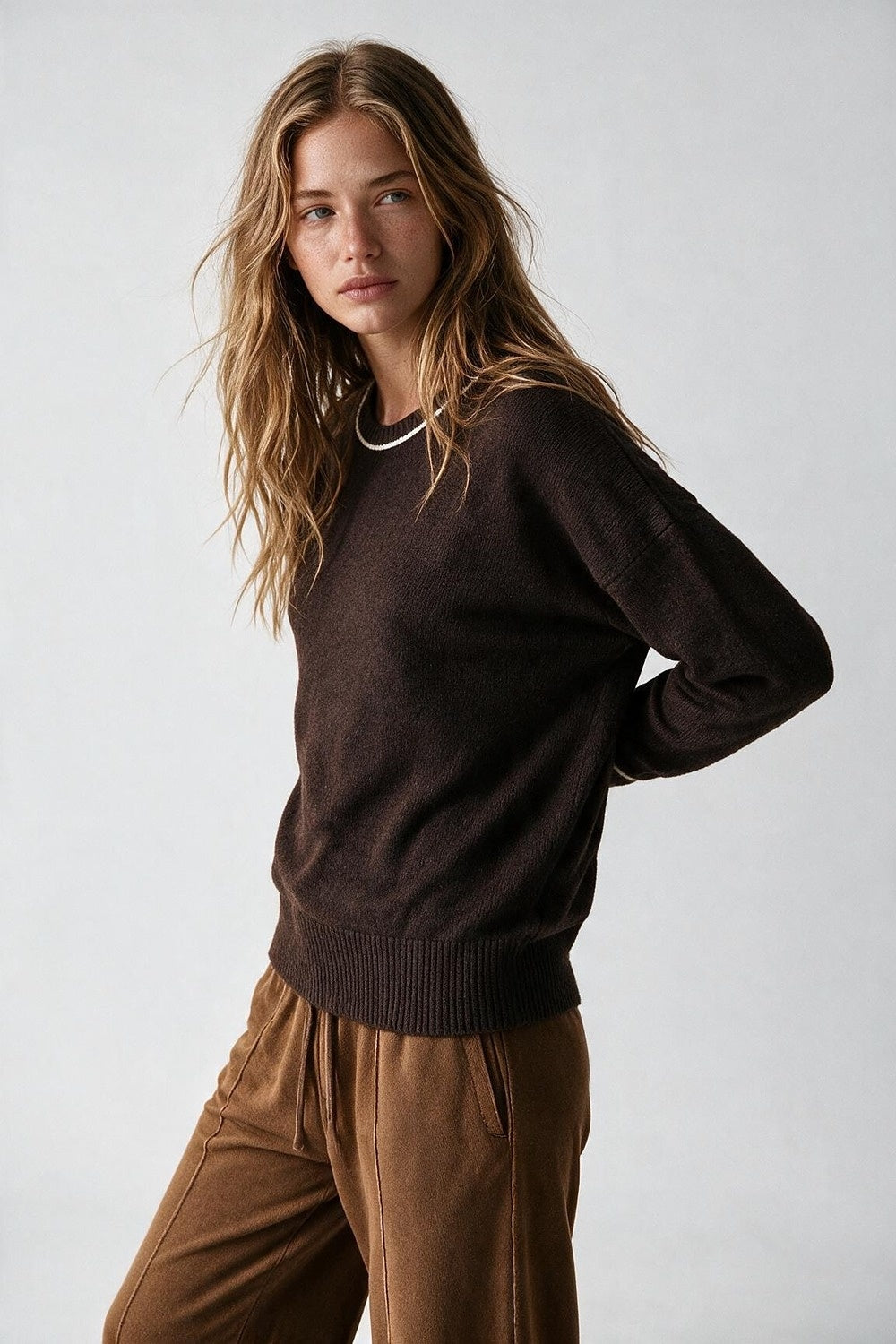 Brown warm Knit Contrast Trim Crew Neck Sweater