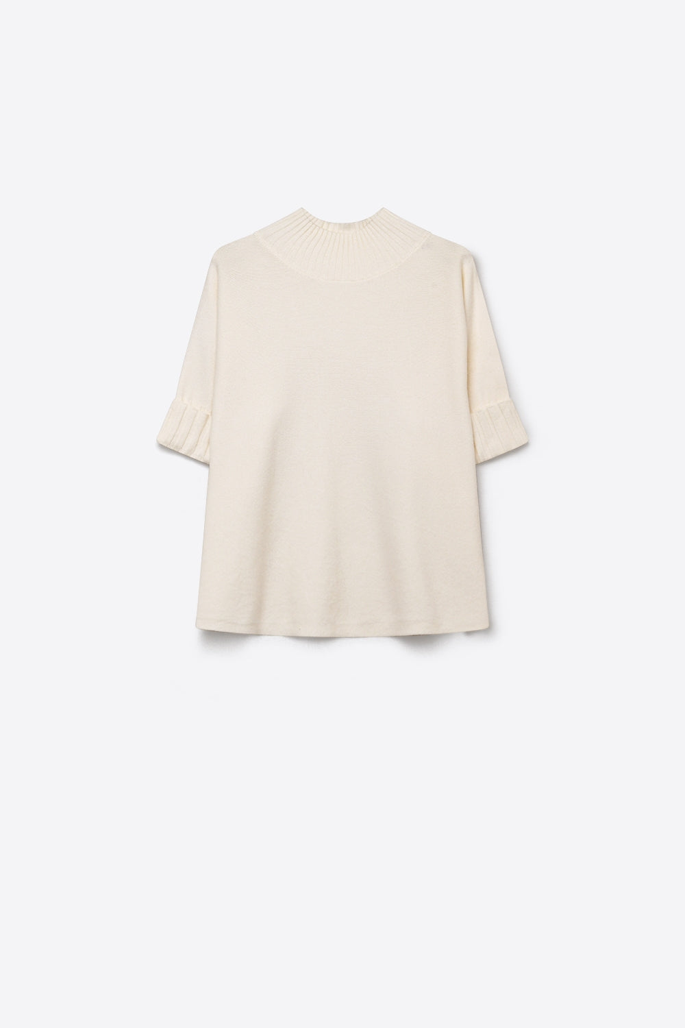 Cream chunky Ribbed Knit high Neck Sweater with elbow-length sleeve