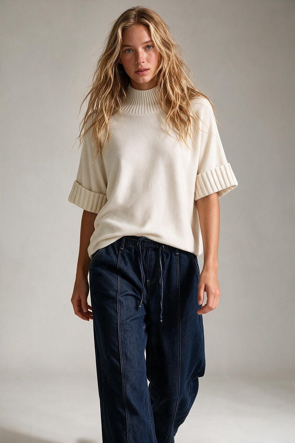 Cream chunky Ribbed Knit high Neck Sweater with elbow-length sleeve