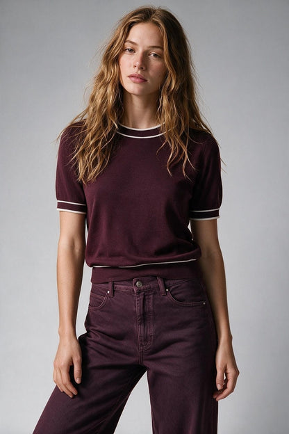 Burgundy Fine Knit Contrast Trim Crew Neck Short Sleeve sweater