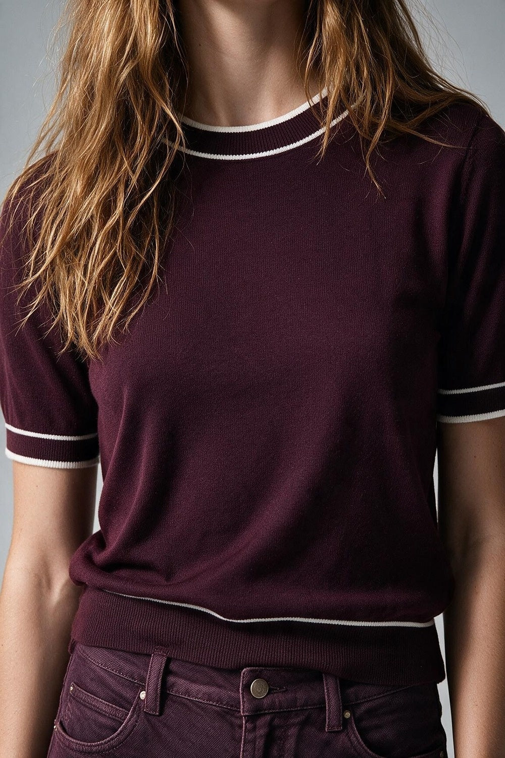 Burgundy Fine Knit Contrast Trim Crew Neck Short Sleeve sweater