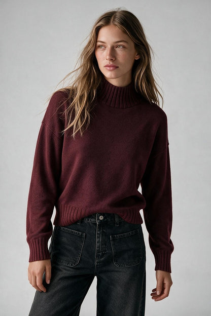 Burgundy warm Knit Ribbed High Collar Regular Fit Sweater