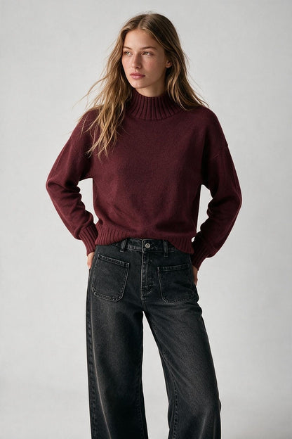 Burgundy warm Knit Ribbed High Collar Regular Fit Sweater