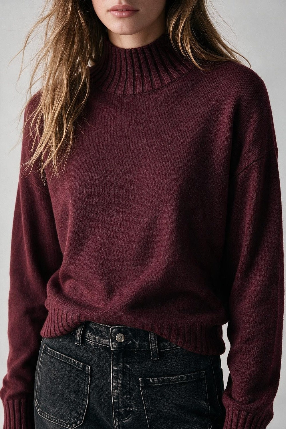 Burgundy warm Knit Ribbed High Collar Regular Fit Sweater