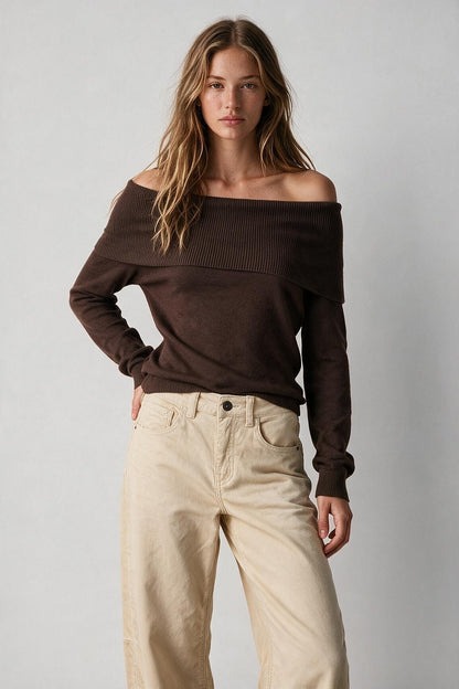 Brown Ribbed Knit Off Shoulder Long Sleeve Sweater