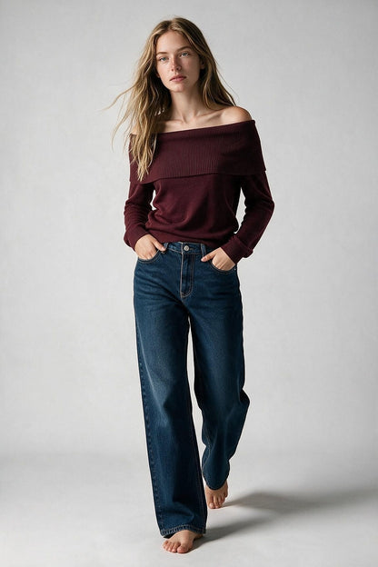 Burgundy Ribbed Knit Off Shoulder Long Sleeve Sweater