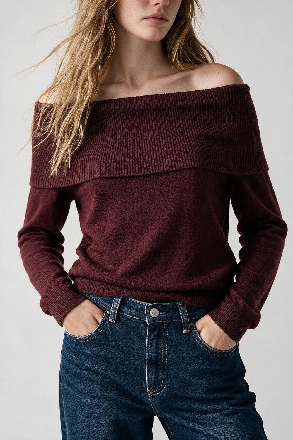 Burgundy Ribbed Knit Off Shoulder Long Sleeve Sweater