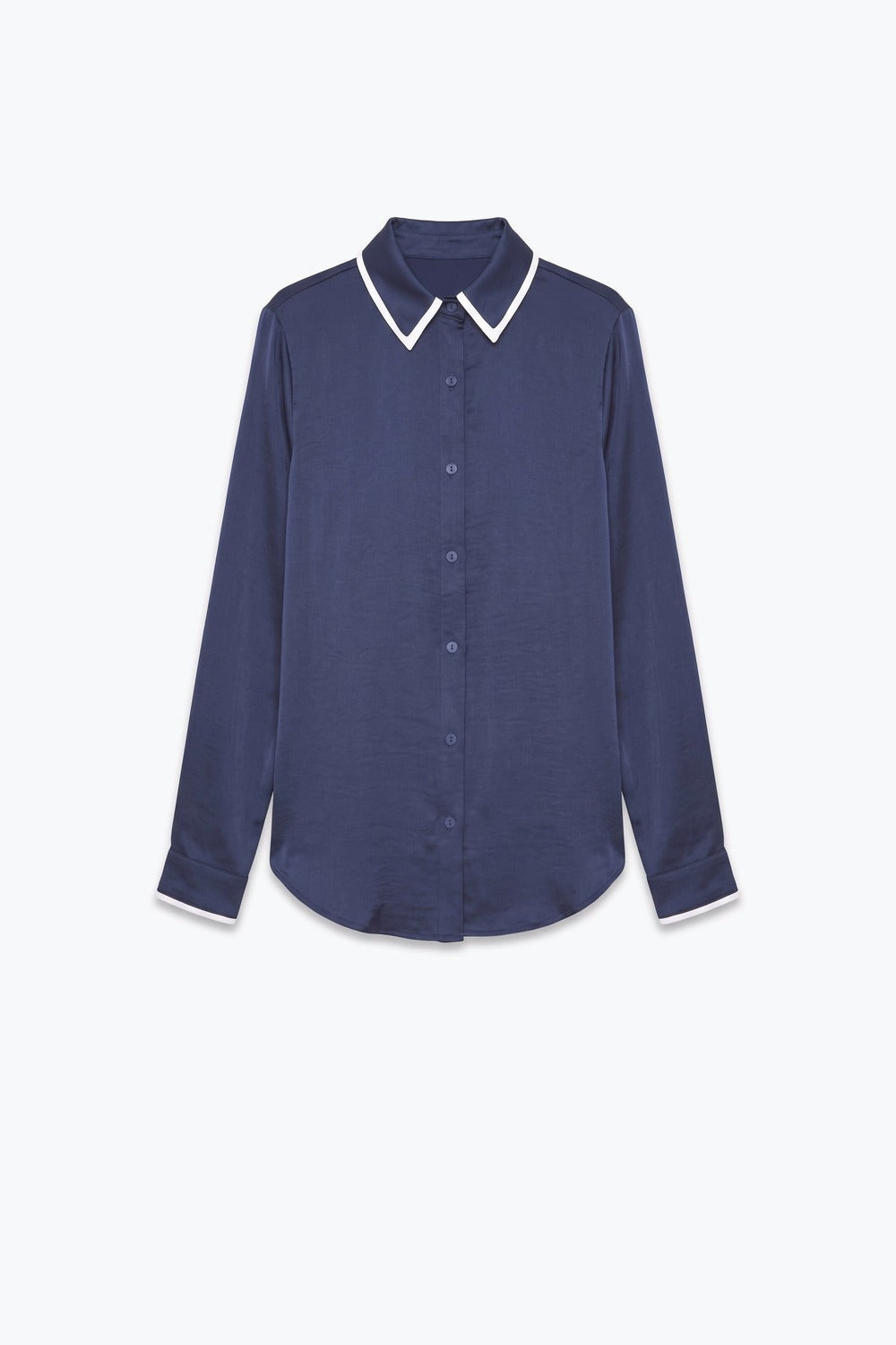 Navy Lightweight satin Contrast Collar Button Front Shirt