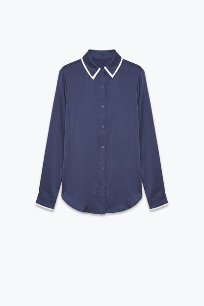 Navy Lightweight satin Contrast Collar Button Front Shirt