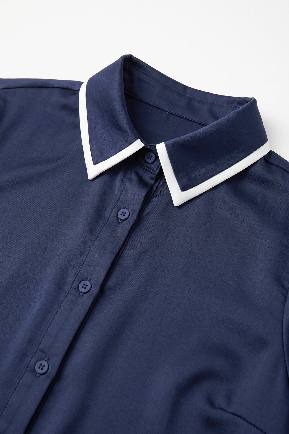 Navy Lightweight satin Contrast Collar Button Front Shirt