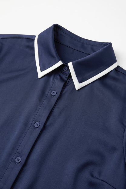 Navy Lightweight satin Contrast Collar Button Front Shirt