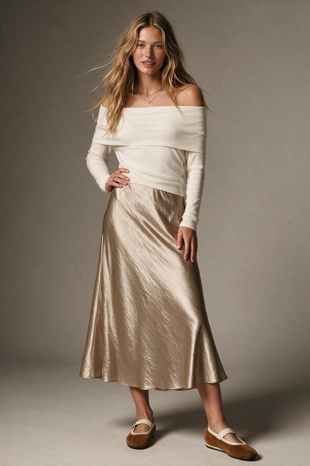 Beige shiny Satin Bias Cut Midi Length Skirt