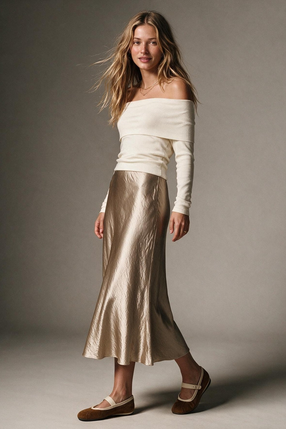 Beige shiny Satin Bias Cut Midi Length Skirt