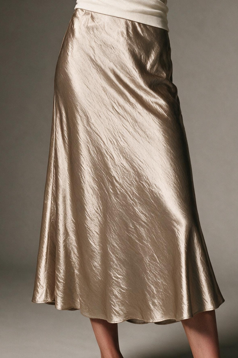 Beige shiny Satin Bias Cut Midi Length Skirt