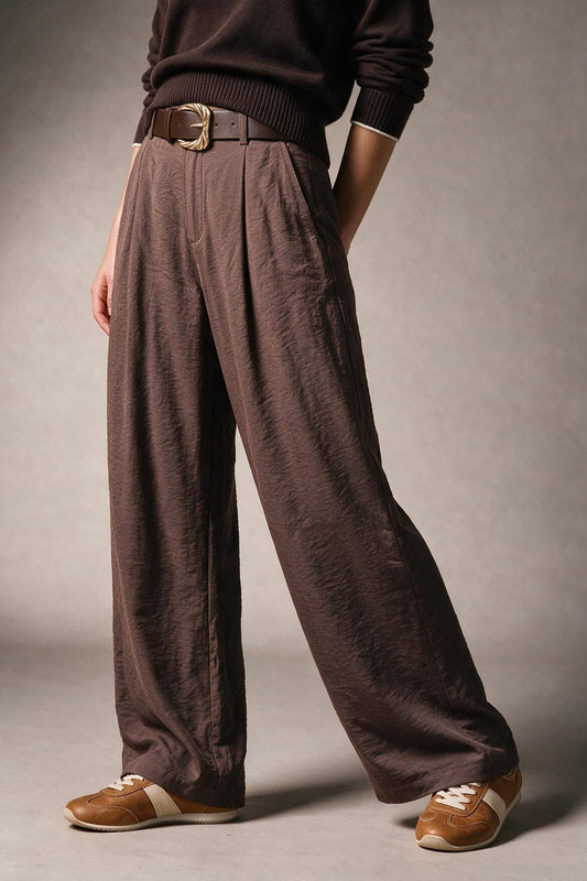 Brown shiny Textured Woven Belted Wide Leg Pants with Pleat Detail