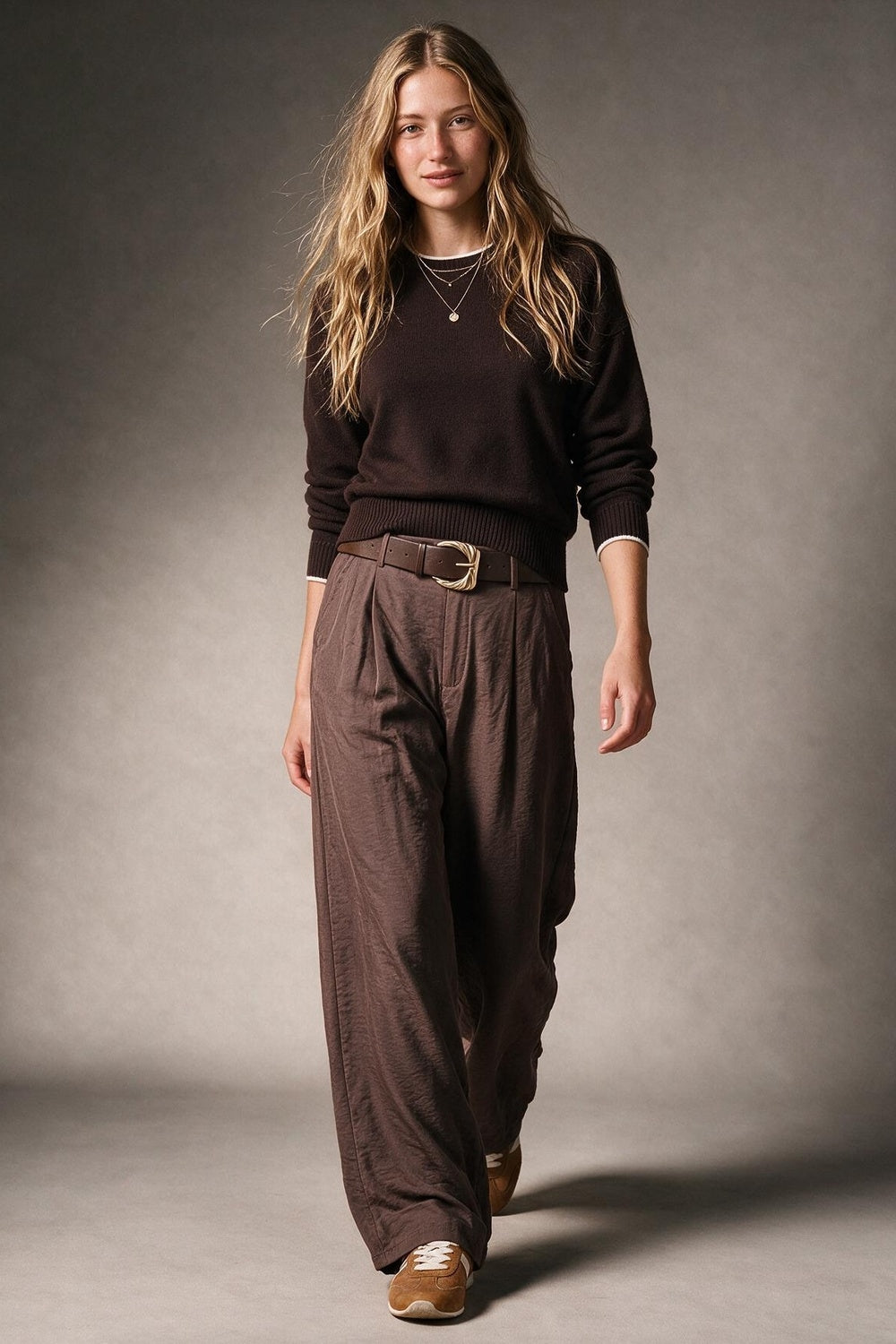 Brown shiny Textured Woven Belted Wide Leg Pants with Pleat Detail
