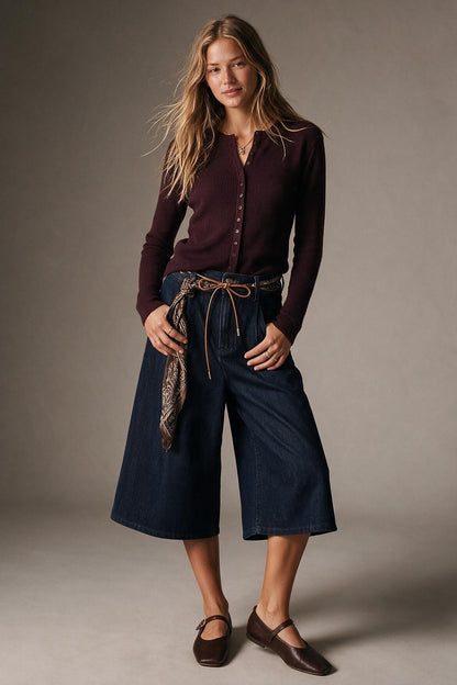 Wide-Leg Mid-Calf Denim Culottes with Tie Belt