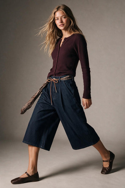 Wide-Leg Mid-Calf Denim Culottes with Tie Belt