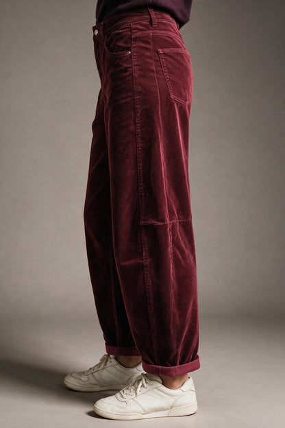 Corduroy High Rise wide Barrell leg Pants in burgundy