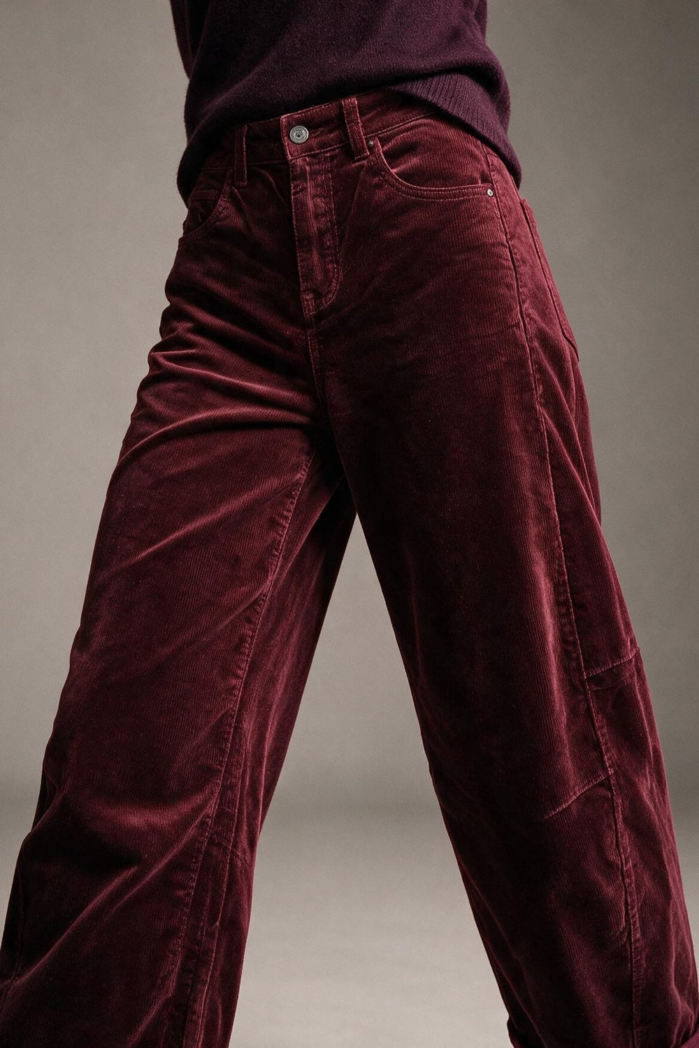 Corduroy High Rise wide Barrell leg Pants in burgundy