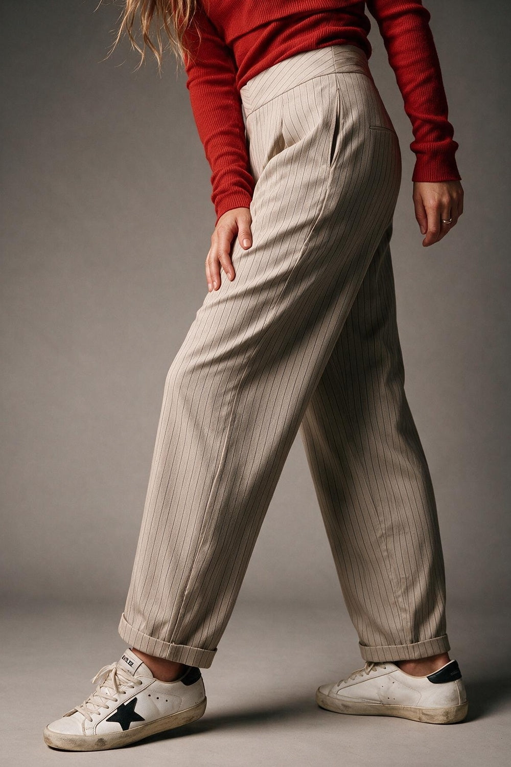 Beige Pinstripe Lightweight Woven High Waist Pleated Pants