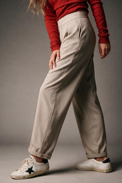 Beige Pinstripe Lightweight Woven High Waist Pleated Pants