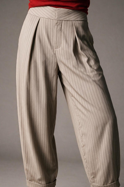 Beige Pinstripe Lightweight Woven High Waist Pleated Pants