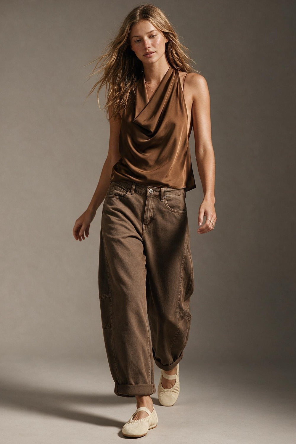 Brown Satin Draped Halter Neck Top