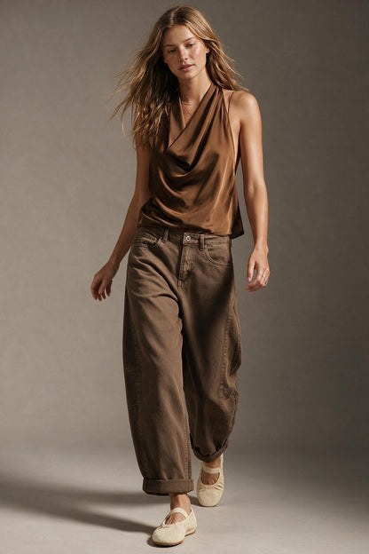 Brown Satin Draped Halter Neck Top