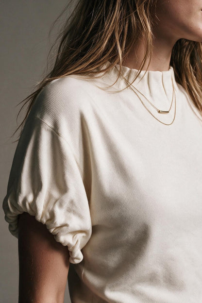 Cream Fine Knit Pleated Mock Neck Short Sleeve Sweater