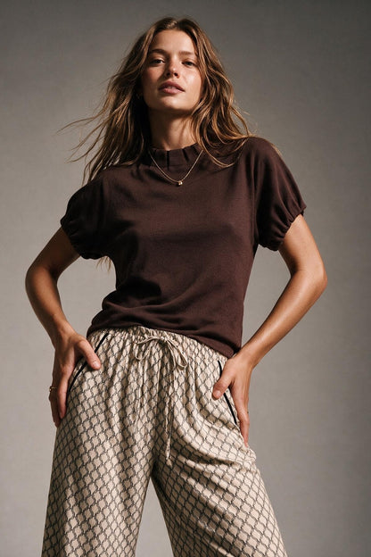 Brown Fine Knit Pleated Mock Neck Short Sleeve Sweater