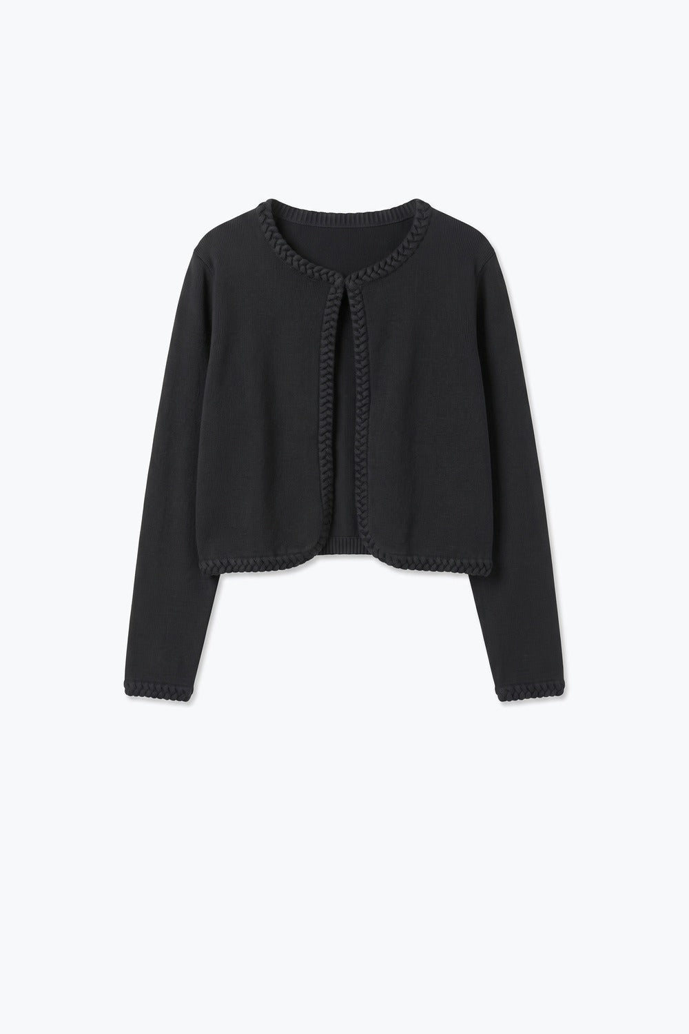 Black Fine Knit Braided Trim Cropped Cardigan