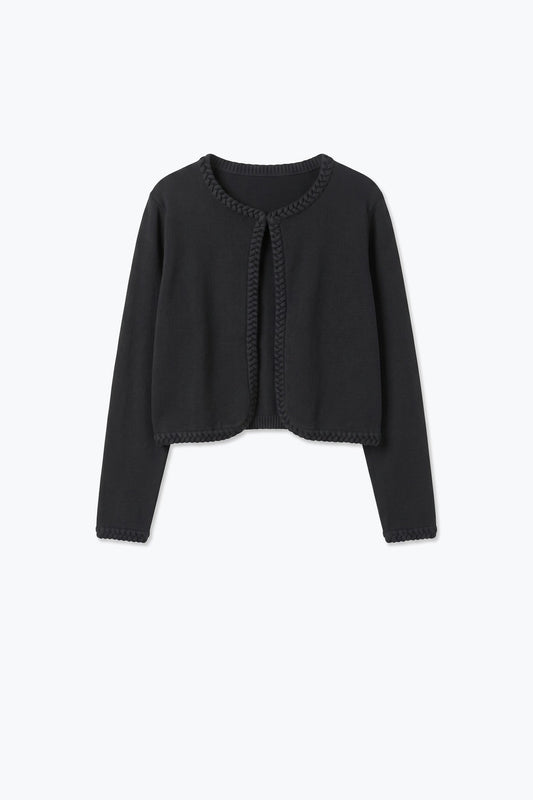 Black Fine Knit Braided Trim Cropped Cardigan
