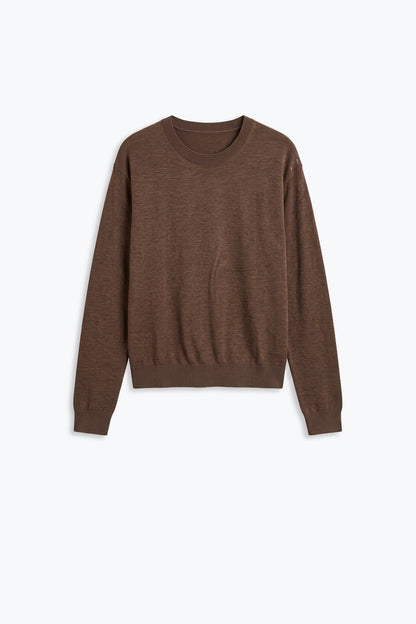 camel Merino Wool Blend Fine Knit Crew Neck Sweater