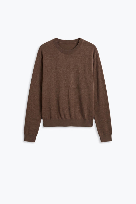 camel Merino Wool Blend Fine Knit Crew Neck Sweater