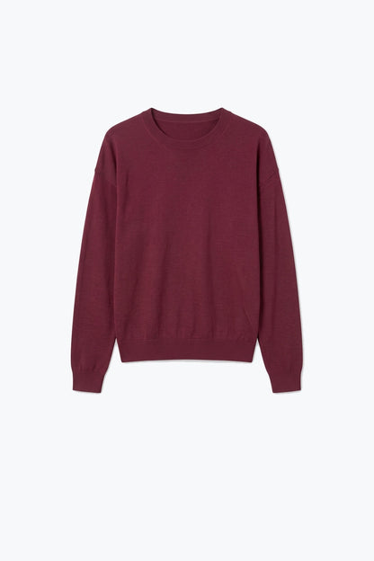 Burgundy Merino Wool Blend Fine Knit Crew Neck Sweater