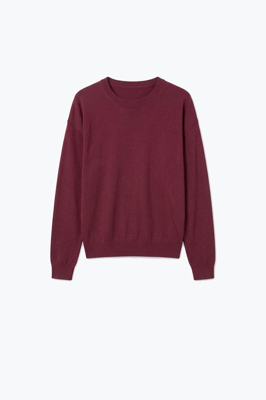 Burgundy Merino Wool Blend Fine Knit Crew Neck Sweater