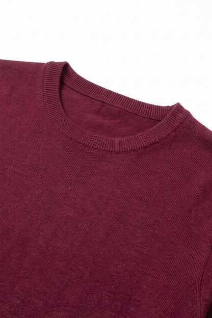 Burgundy Merino Wool Blend Fine Knit Crew Neck Sweater