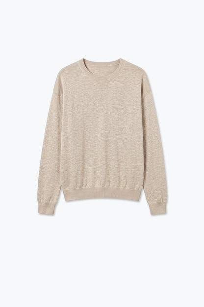 Merino Wool Blend Fine Knit Crew Neck Sweater in fango color