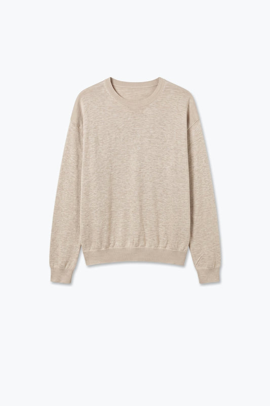 Merino Wool Blend Fine Knit Crew Neck Sweater in fango color