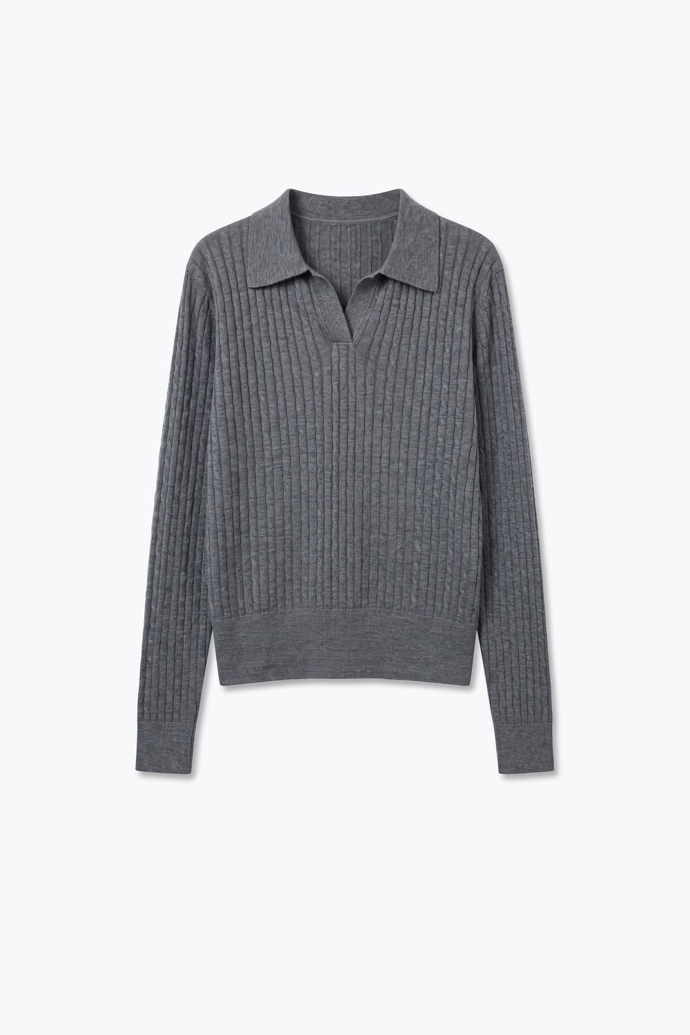 Grey Merino Wool Blend Ribbed Knit Polo Collar Open Placket Sweater