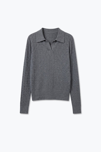 Grey Merino Wool Blend Ribbed Knit Polo Collar Open Placket Sweater