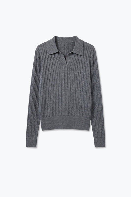 Grey Merino Wool Blend Ribbed Knit Polo Collar Open Placket Sweater