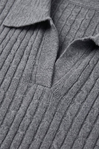 Grey Merino Wool Blend Ribbed Knit Polo Collar Open Placket Sweater