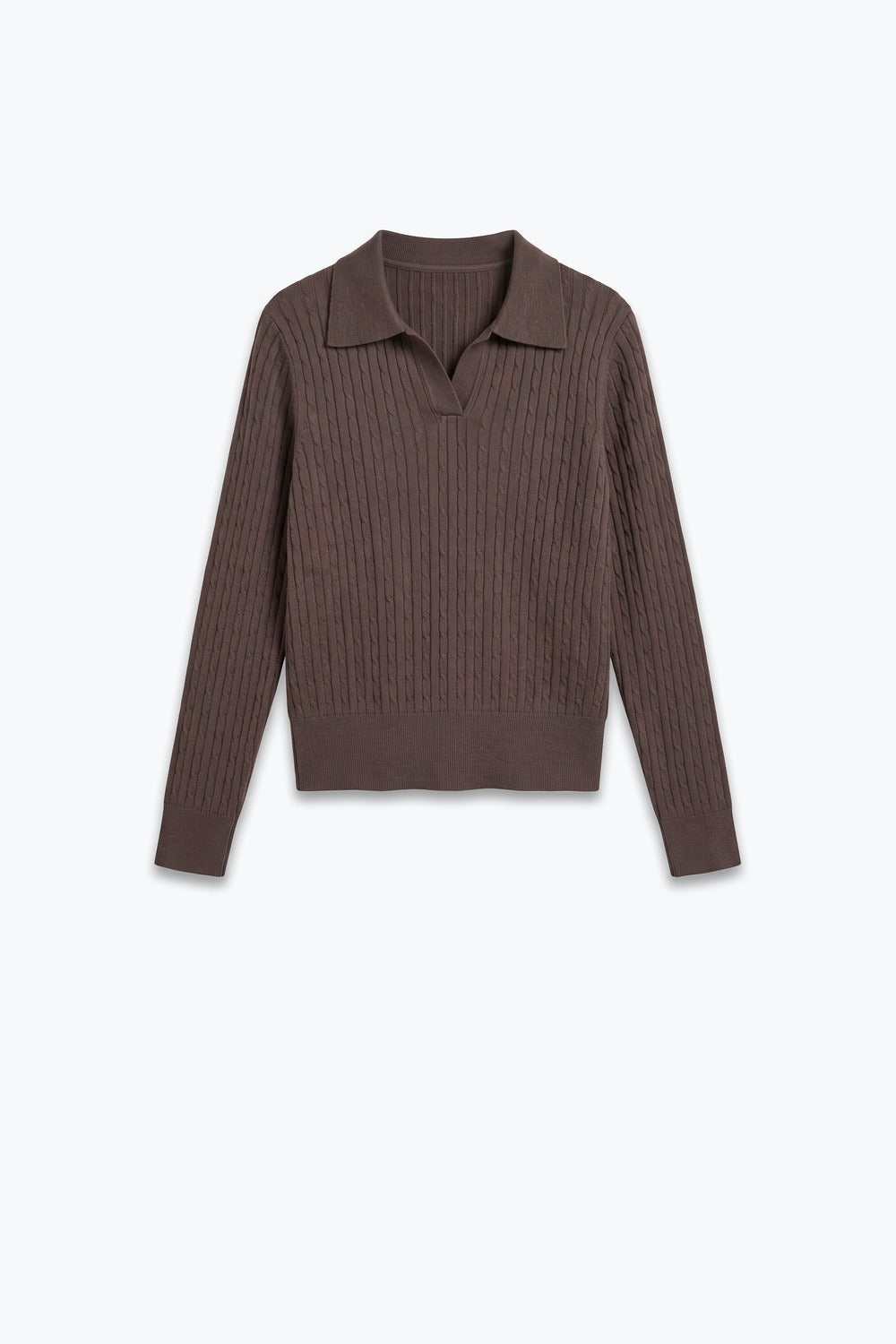 brown Merino Wool Blend Cable Knit Polo Collar Ribbed Trim Sweater
