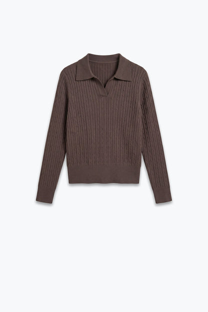 brown Merino Wool Blend Cable Knit Polo Collar Ribbed Trim Sweater