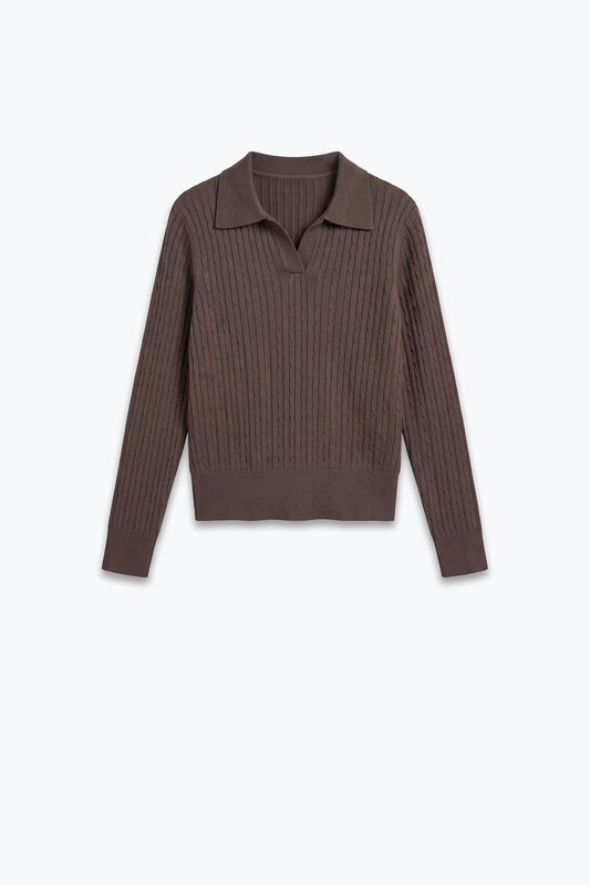 brown Merino Wool Blend Cable Knit Polo Collar Ribbed Trim Sweater