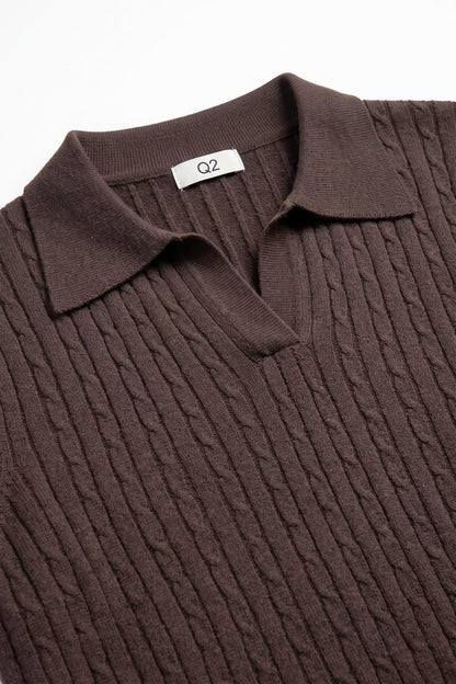 brown Merino Wool Blend Cable Knit Polo Collar Ribbed Trim Sweater