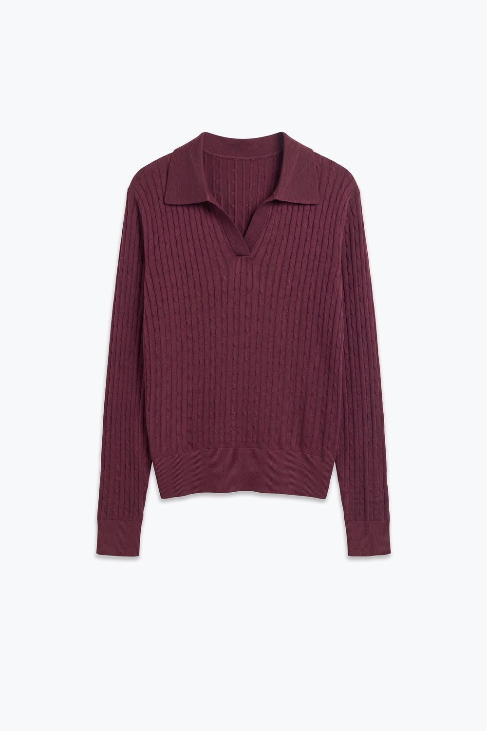 Purple Merino Wool Blend Cable Knit Polo Collar V Neck Sweater
