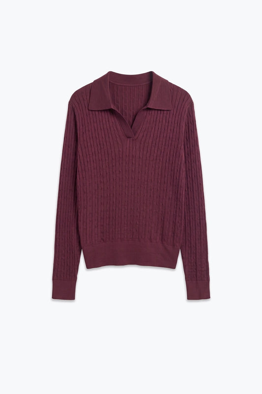 Purple Merino Wool Blend Cable Knit Polo Collar V Neck Sweater